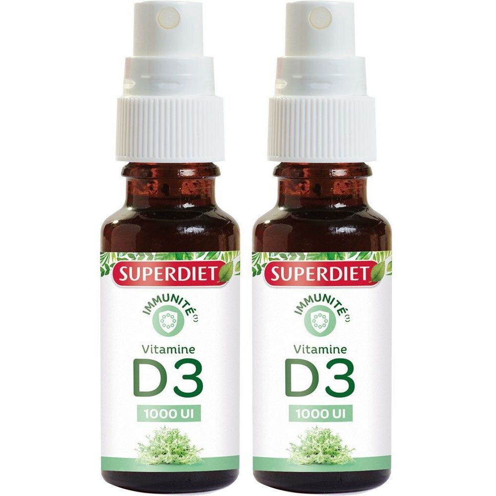 Deux flacons spray avec tête blanche et flacon en verre brun. Inscription : SUPERDIET, Vitamine D3, 1000 UI.