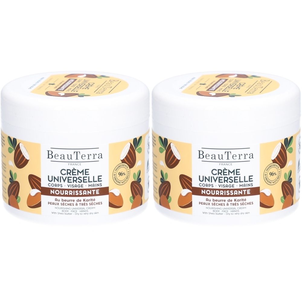 Deux pots blancs BeauTerra Crème Universelle. Inscriptions avec informations produit et illustrations de noix. Couvercles beiges.