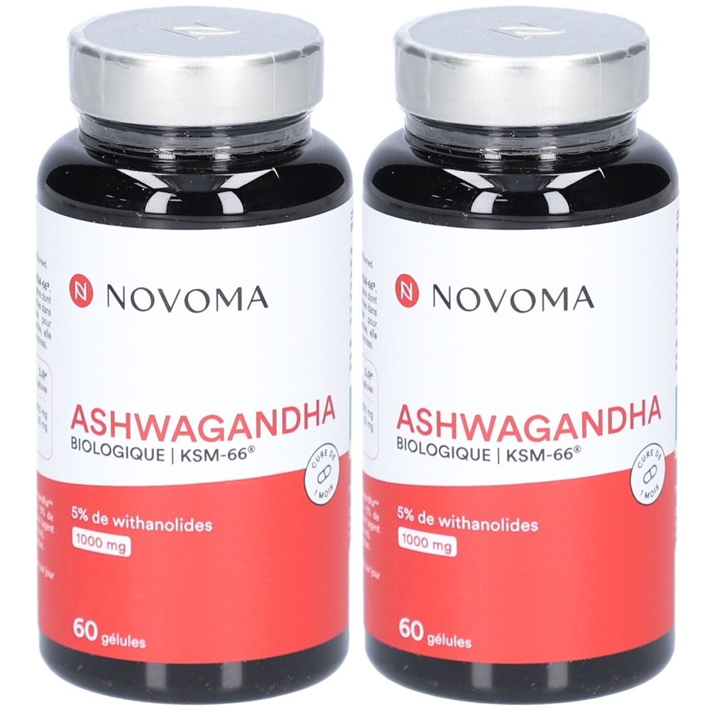 Deux flacons de gélules noires. Les étiquettes indiquent NOVOMA, ASHWAGANDHA, BIOLOGIQUE KSM-66, 5% de withanolides, 1000 mg et 60 gélules.
