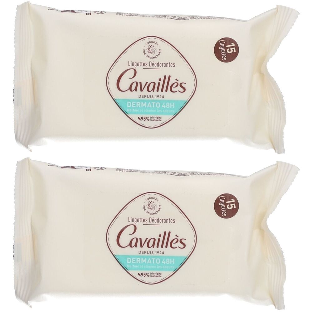 Deux paquets blancs de lingettes déodorantes Cavaillès. Chaque paquet porte l'inscription 15 Lingettes.