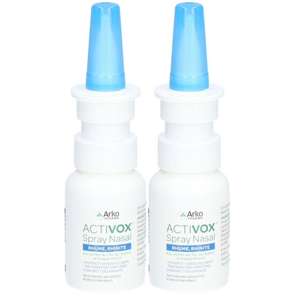 Deux flacons blancs avec embout bleu. Inscription: ACTIVOX Spray Nasal, Rhume, Rhinite. Marque: Arko Pharma.