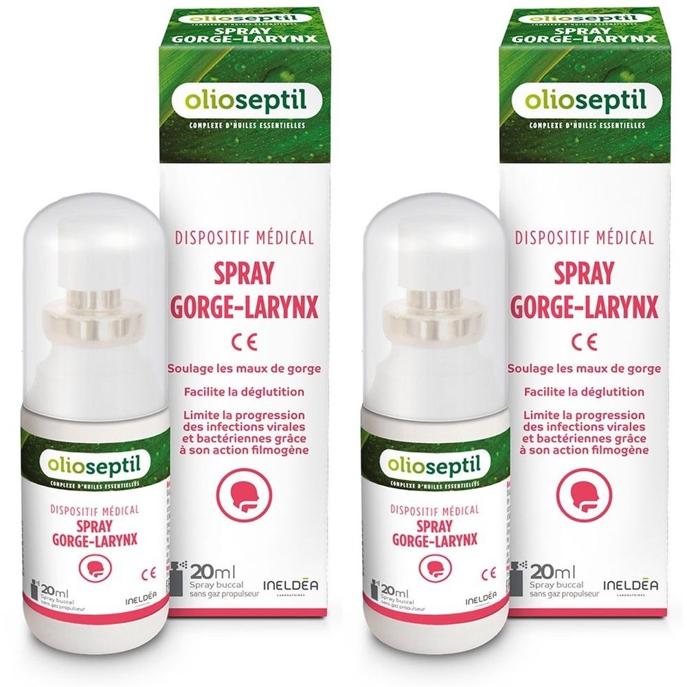 Deux flacons de spray Gorge-Larynx avec emballage. Produit médical. Marque olioseptil. Contenance 20ml. Certification CE.