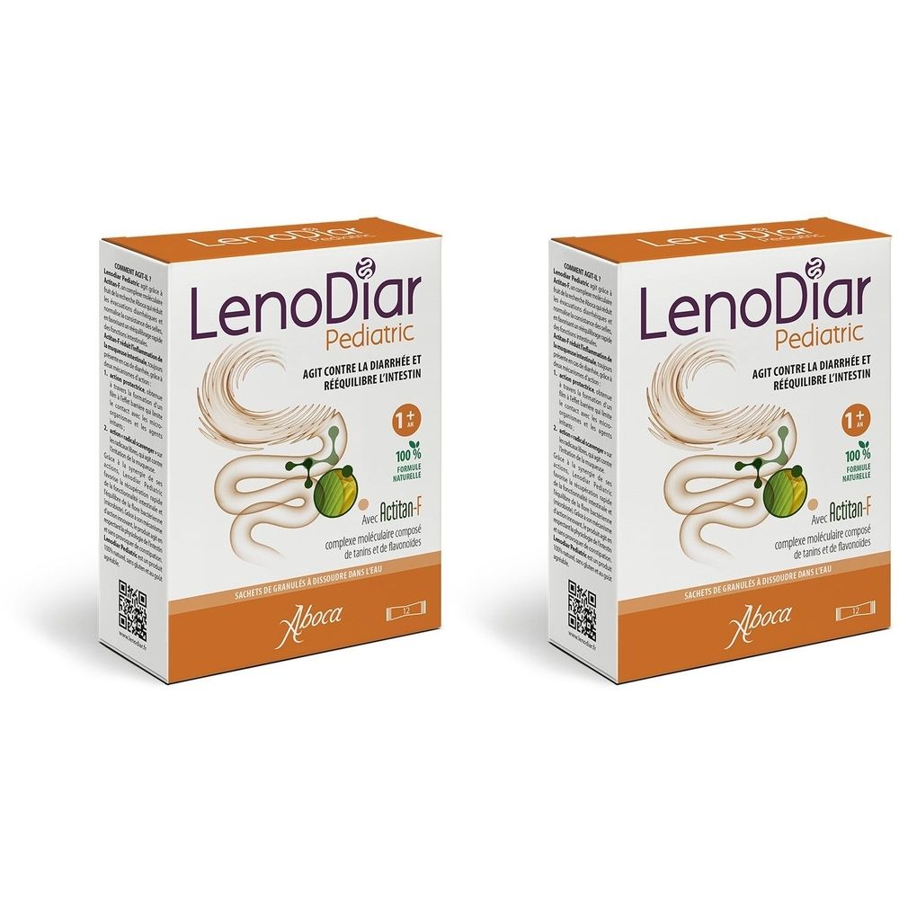 Deux boîtes rectangulaires avec "LenoDiar Pediatric". Inscriptions: "Actitan-F", "Aboca".