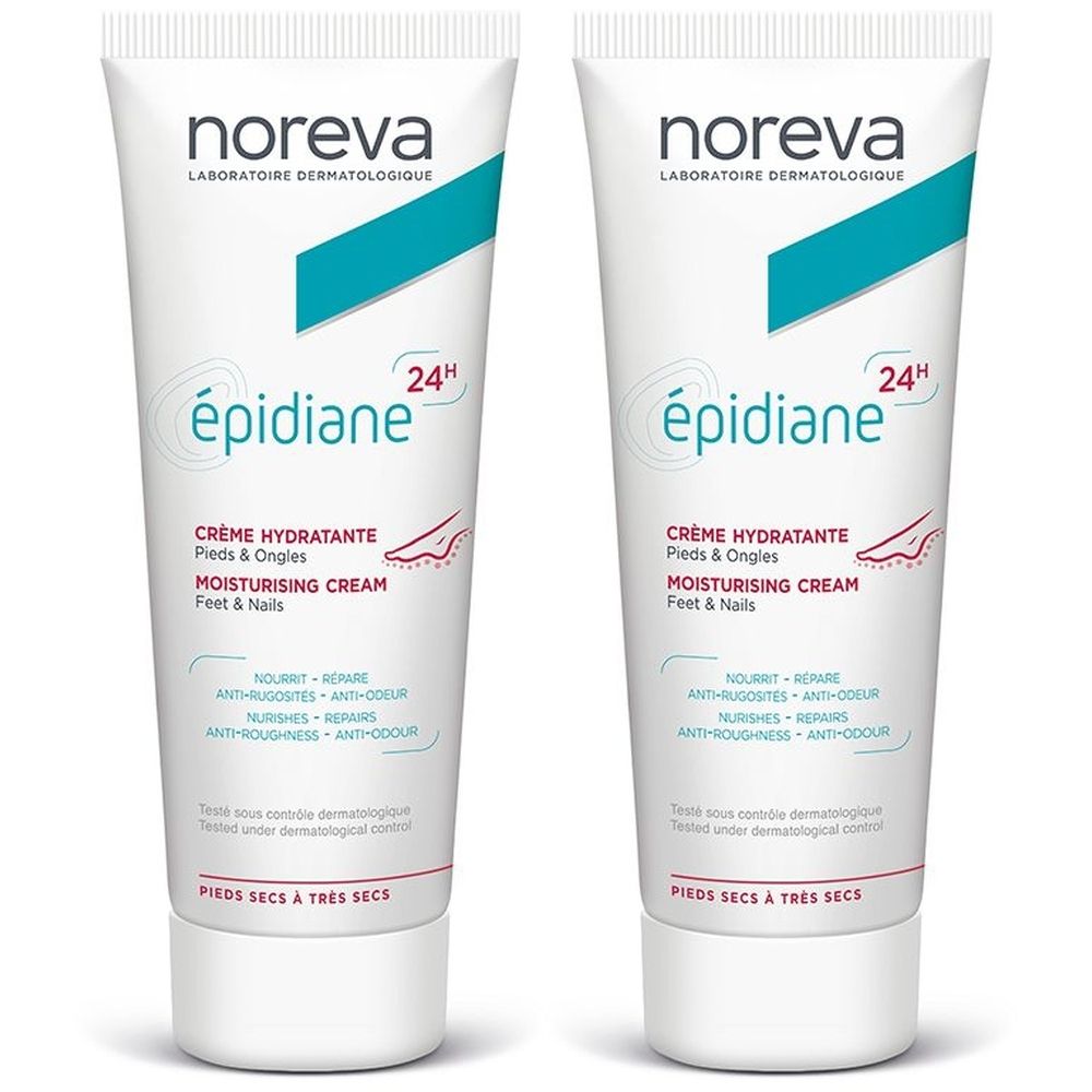 Deux tubes de crème Epidiane. Tubes blancs avec texte bleu et vert. Texte: Crème hydratante Pieds & Ongles, 24H. Pieds et ongles.