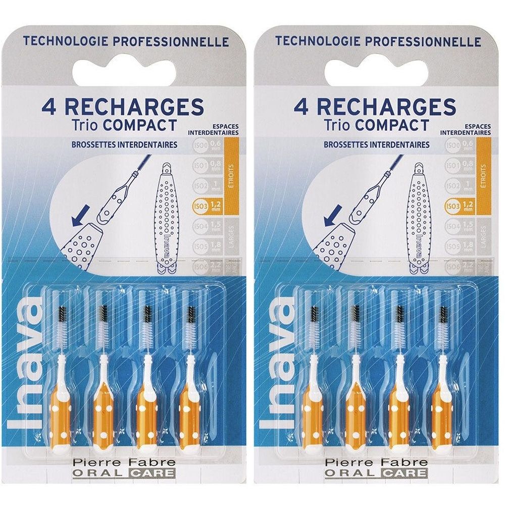 Deux emballages de recharges Inava Trio Compact. Chaque emballage contient 4 brossettes interdentaires. Manches oranges, brins transparents, 1,2 mm.