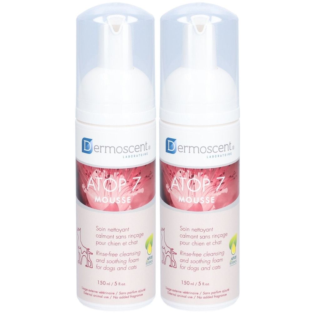 Deux flacons blancs avec vaporisateur. Inscription: Dermoscent ATOP 7 Mousse. Texte en français et anglais. 150 ml.