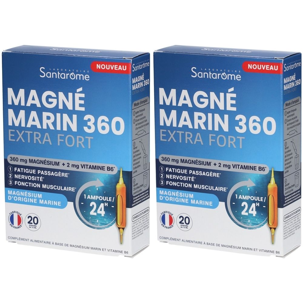 Deux boîtes de Santarome Magné Marin 360 Extra Fort. Emballage bleu avec nom et informations. Ampoule illustrée.