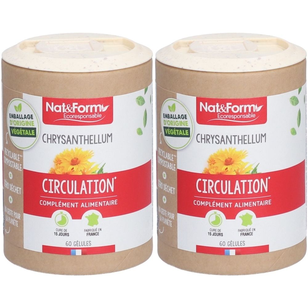 Deux boîtes cylindriques avec couvercles. Inscription: Nat&Form, Chrysanthellum, Circulation, complément alimentaire. Emballage d'origine végétale.