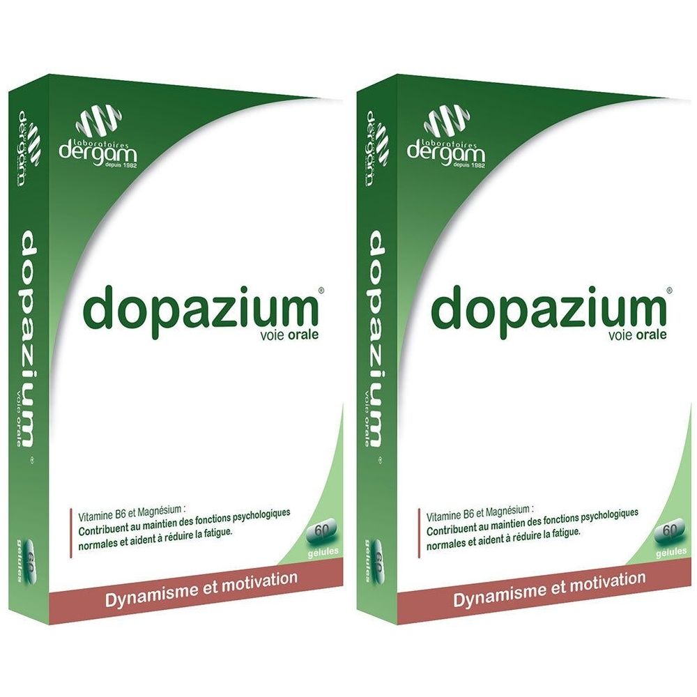Deux boîtes de "dopazium". Emballage vert et blanc avec texte en français. Contient 60 comprimés.