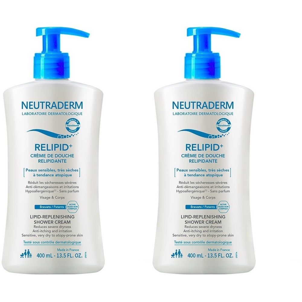 Deux flacons blancs avec pompe bleue. Inscription: Neutraderm Relipid+ Crème de Douche Relipidante. 400 ml.