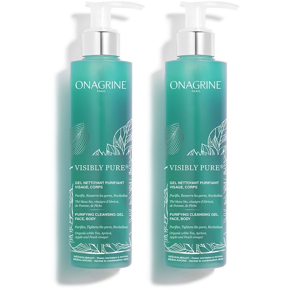 Deux flacons de gel vert. Inscription : ONAGRINE, VISIBLY PURE, Gel Nettoyant Purifiant Visage, Corps. Avec pompe.