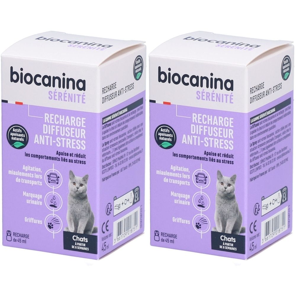 Deux boîtes de recharge diffuseur anti-stress pour chats. Marque Biocanina Sérénité. Texte et illustrations : chat, voiture, gouttes, pattes.
