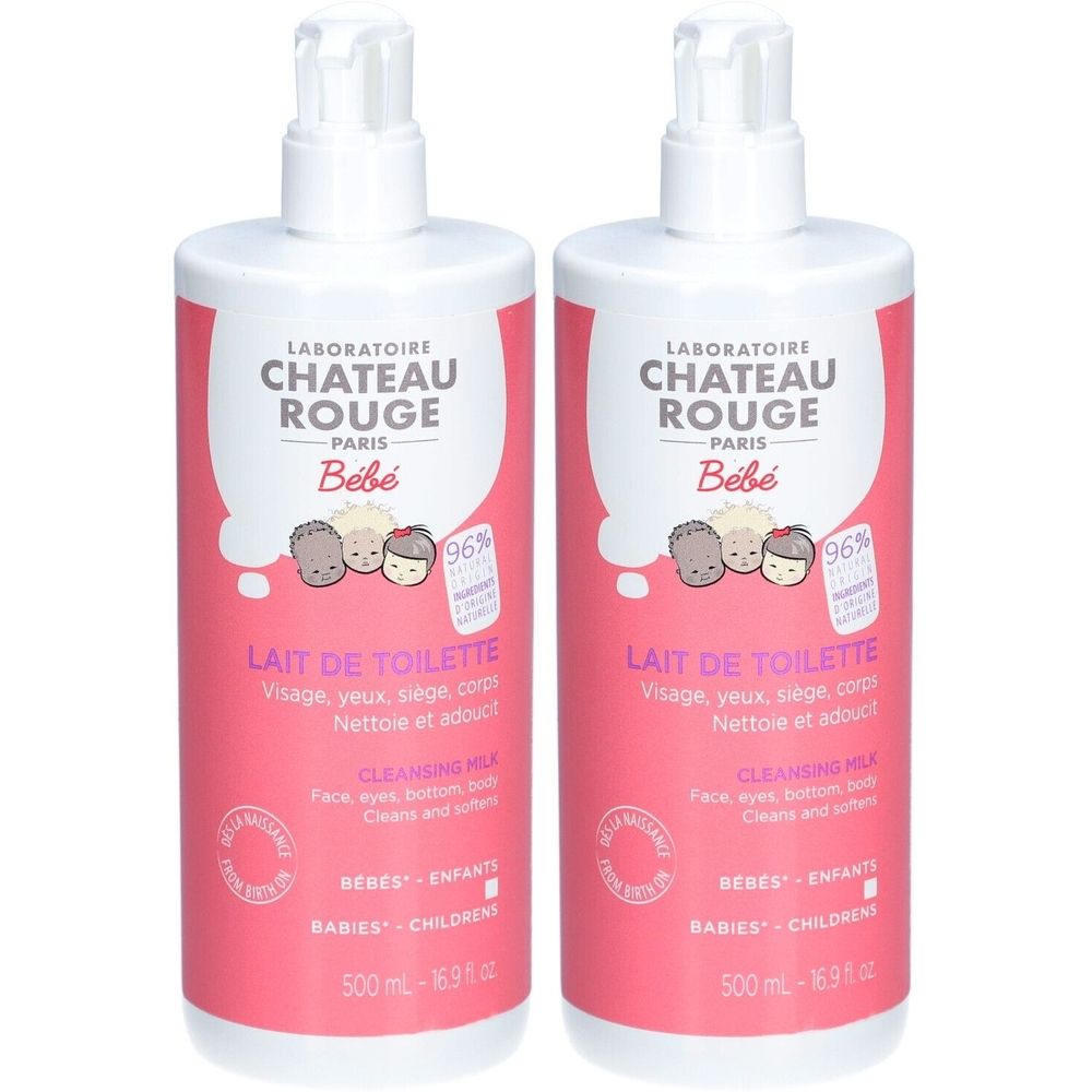 Deux flacons de lait de toilette pour bébé. Étiquette rose avec texte blanc. Logo Laboratoire Château Rouge visible.