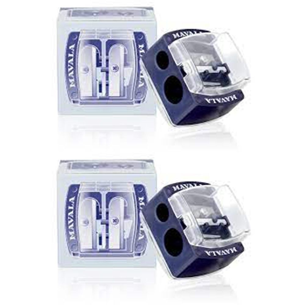 Deux taille-crayons. Un bleu et un transparent. Le bleu porte la marque "MAVALA".