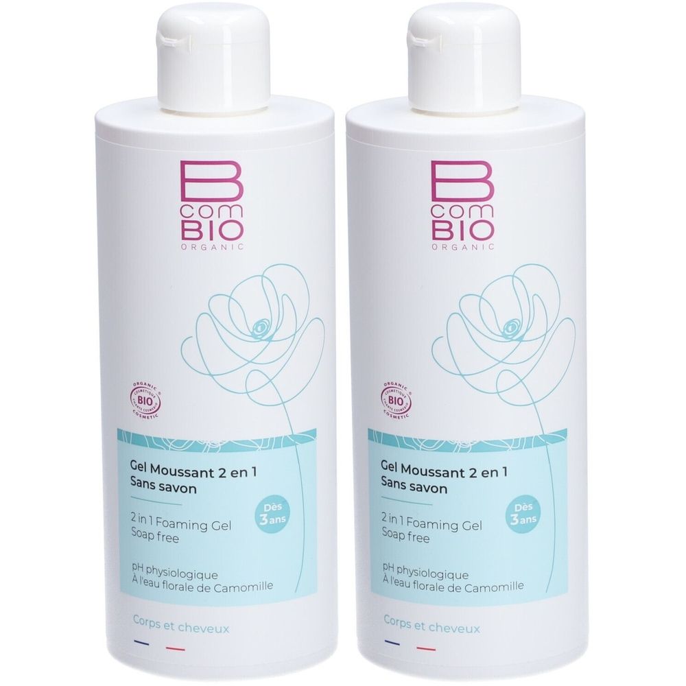 Deux flacons blancs avec bouchons blancs. Inscription : B COM BIO ORGANIC. Texte : Gel Moussant 2 en 1 Sans savon. Avec label bio.