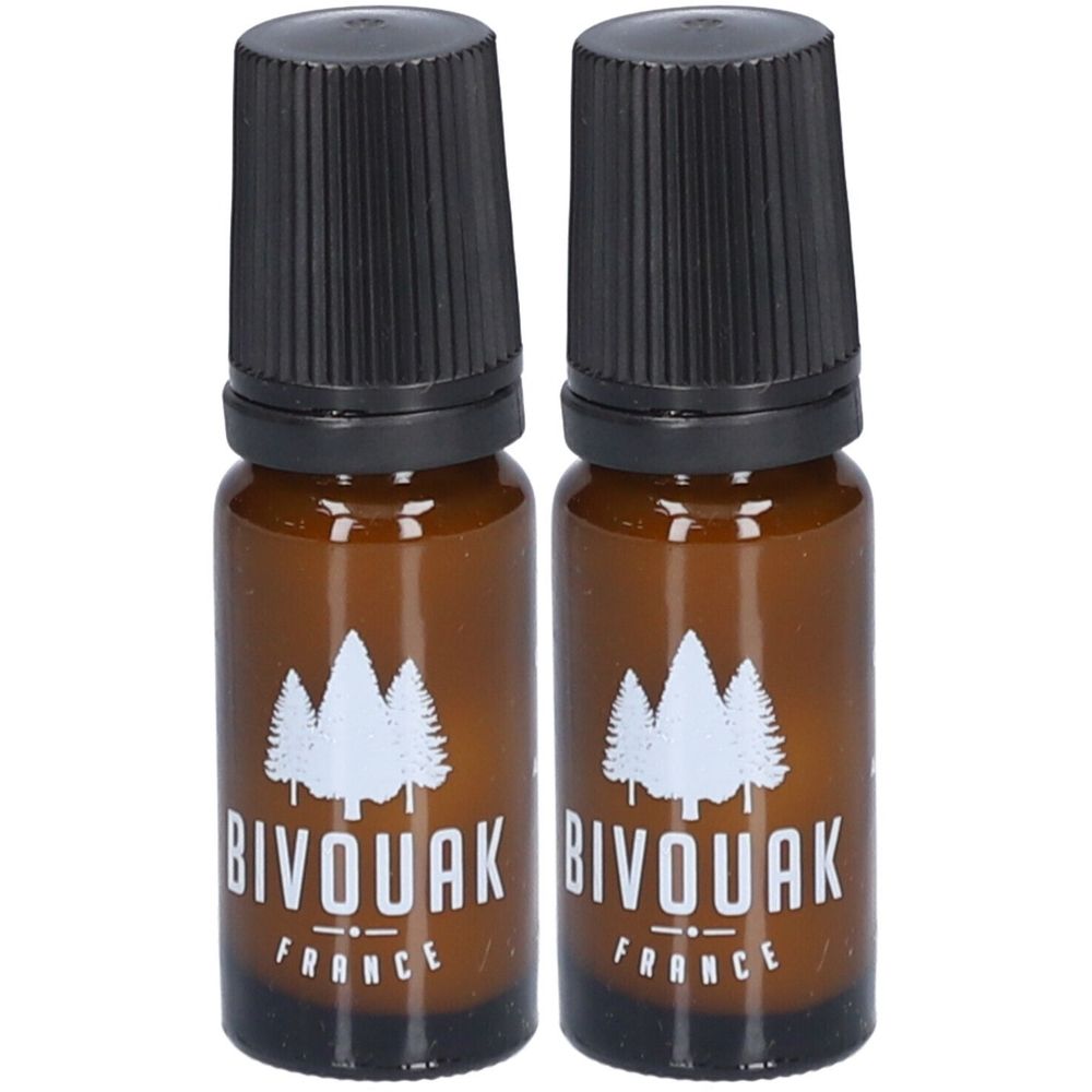 Deux flacons en verre brun avec bouchons noirs. Chaque flacon porte l'inscription "BIVOUAK FRANCE" et un logo d'arbre.