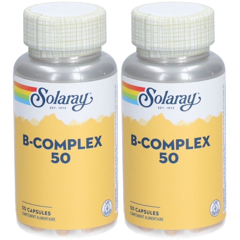 Deux flacons de Solaray B-Complex 50. Inscription: B-COMPLEX 50, 50 capsules. Étiquette avec arc-en-ciel et logo.