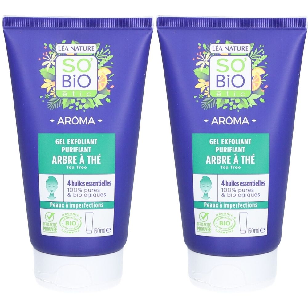 Deux tubes de gel exfoliant SO BIO ETIC Arbre à Thé. Emballage bleu avec éléments verts et blancs. Texte : Aroma, Tea Tree, 4 huiles essentielles.
