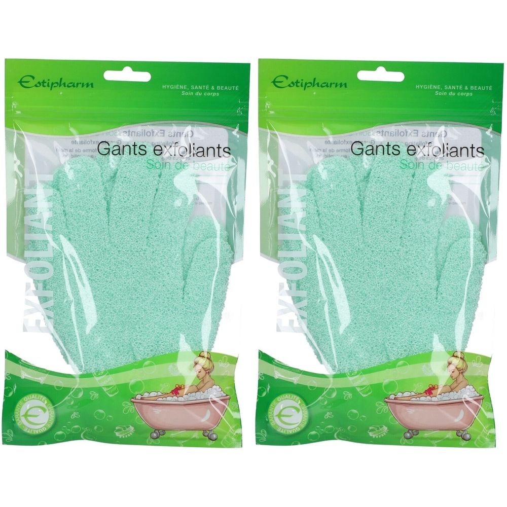 Deux paquets de gants exfoliants. Gants verdâtres dans des sachets transparents. Marque Estipharm, inscription "Gants exfoliants".