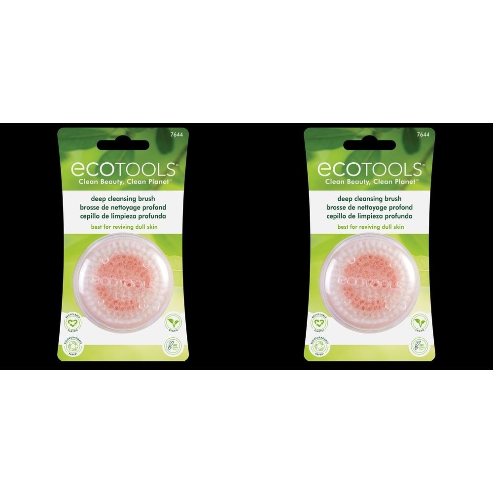 Deux brosses nettoyantes profondes EcoTools dans leur emballage. Brosses rondes avec des poils roses. Texte: deep cleansing brush.