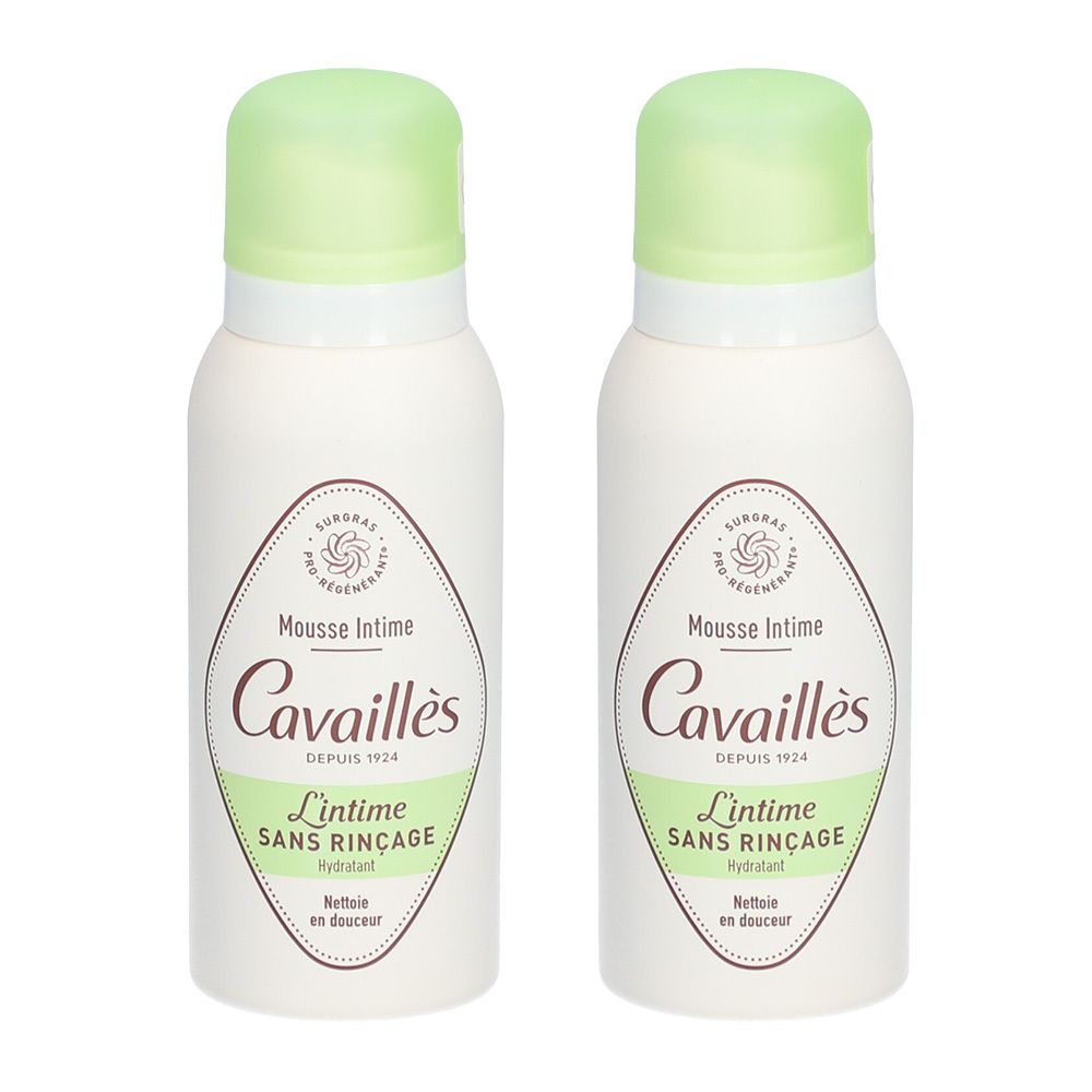 Deux flacons spray blancs avec bouchons verts. Inscription: Mousse Intime, Cavaillès, L'intime Sans Rinçage.