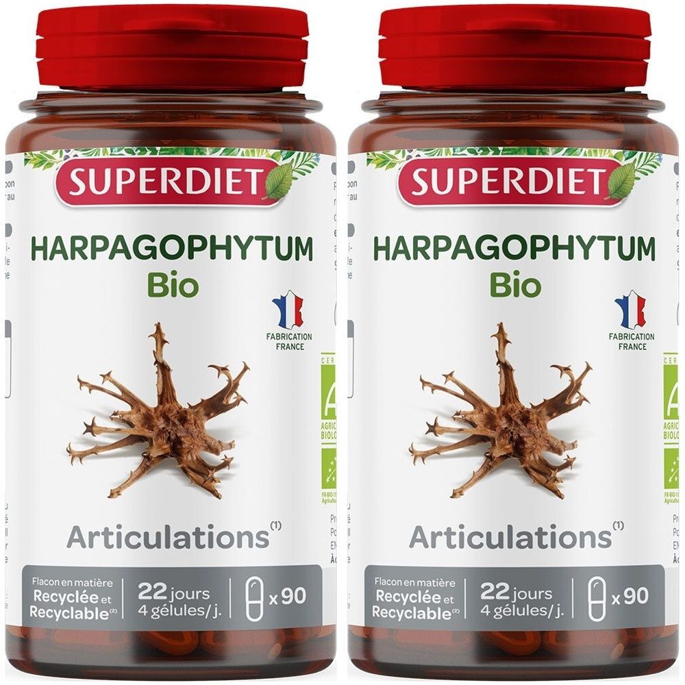Deux flacons de SUPERDIET Harpagophytum Bio Articulations. Flacons bruns avec couvercles rouges. Inscription: HARPAGOPHYTUM Bio, Articulations, 90 gélules.