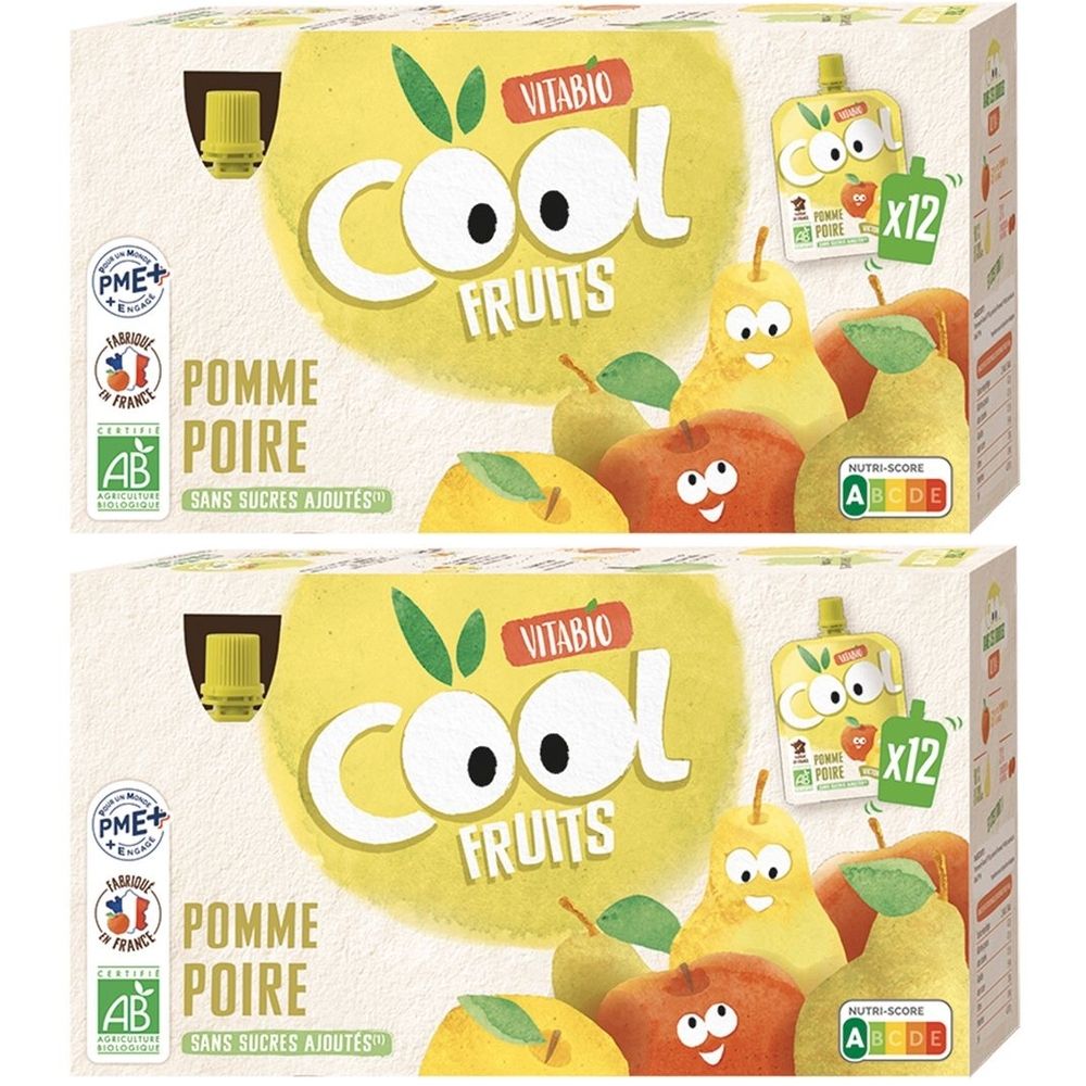Deux boîtes de Vitabio Cool Fruits Pomme Poire. Inscriptions : Cool Fruits, Pomme Poire, Sans sucres ajoutés, AB-Bio, x12.