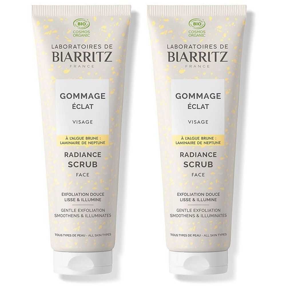 Deux tubes de Gommage Éclat. Inscription: Laboratoires de Biarritz, Radiance Scrub, pour le visage. Avec certification bio.