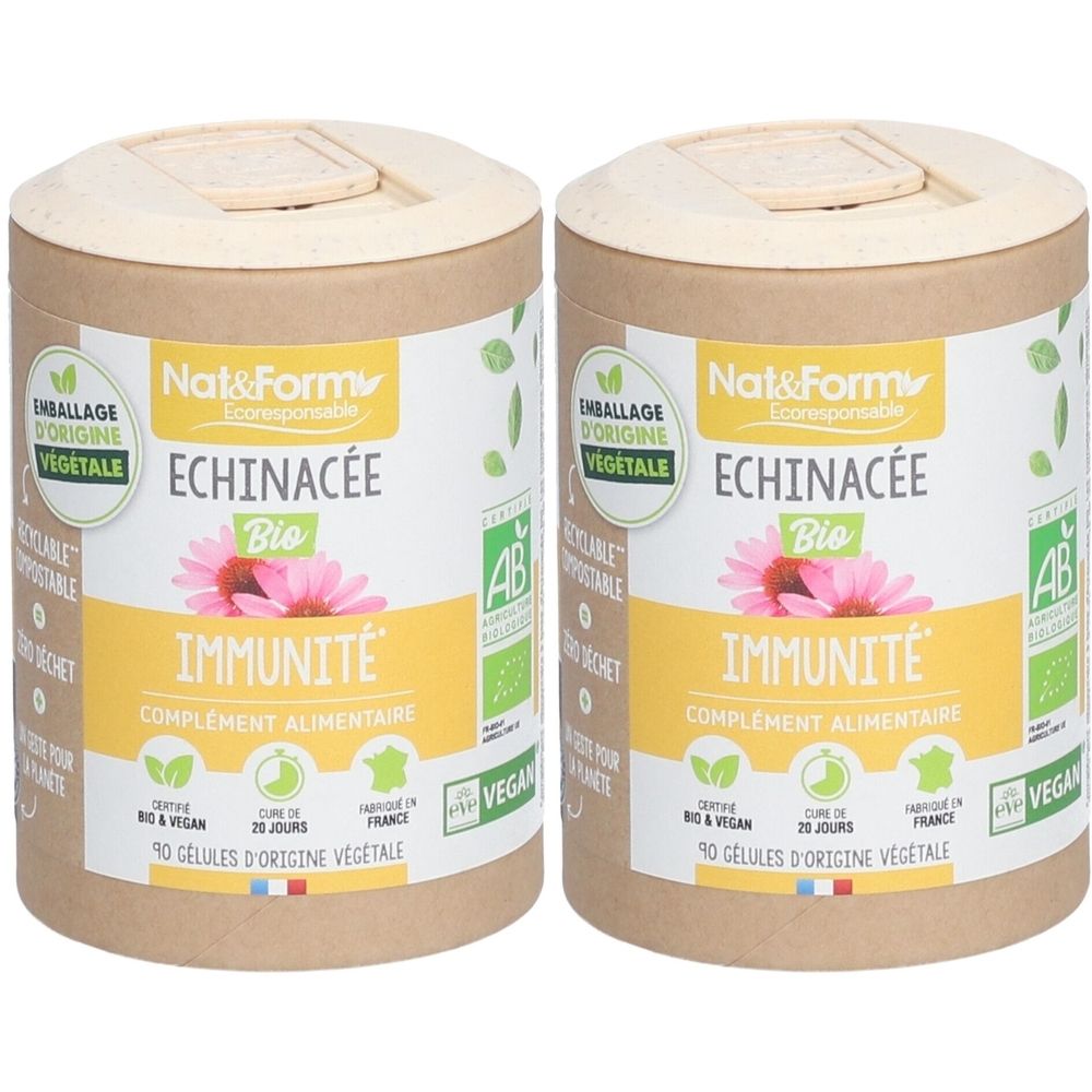 Deux boîtes cylindriques avec couvercles. Inscription : Nat&Form Échinacée Bio, Immunité, complément alimentaire. Labels Vegan et Bio.