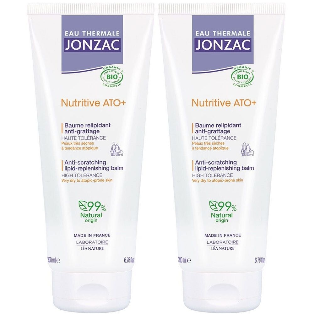 Deux tubes blancs avec impression. En haut, "EAU THERMALE JONZAC". En dessous, "Nutritive ATO+" et d'autres informations.