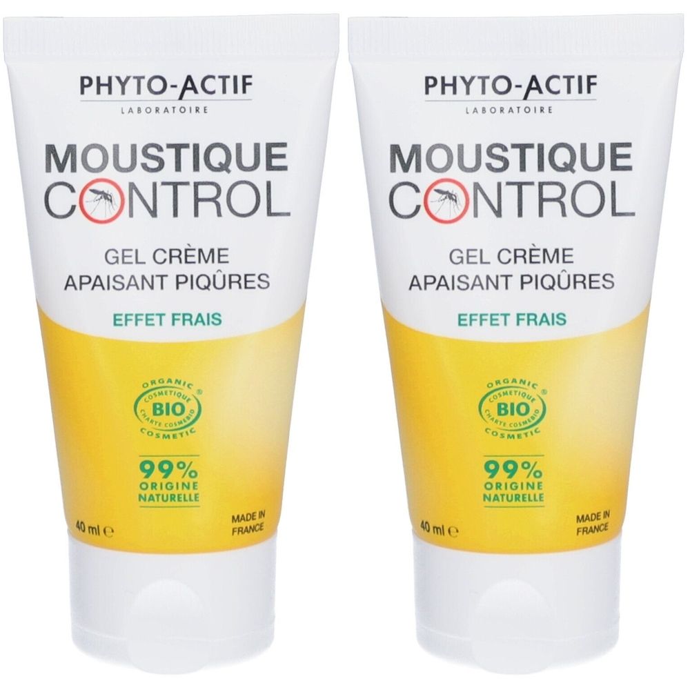 Deux tubes de gel crème. Inscription: MOUSTIQUE CONTROL, Gel Crème, Apaisant Piqûres, Effet Frais. Certification Bio.
