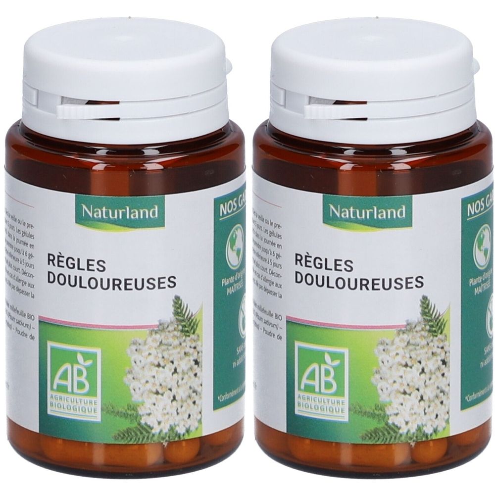 Deux flacons bruns avec bouchons blancs. Étiquettes avec "Règles douloureuses" et "Naturland". Label AB Agriculture Biologique.