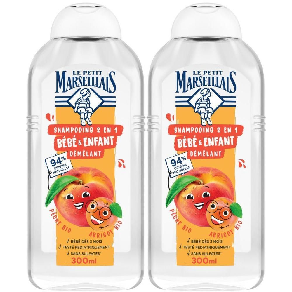 Deux flacons transparents de Shampooing 2 en 1 Bébé & Enfant. Étiquette avec pêche et abricot, texte. 300ml.