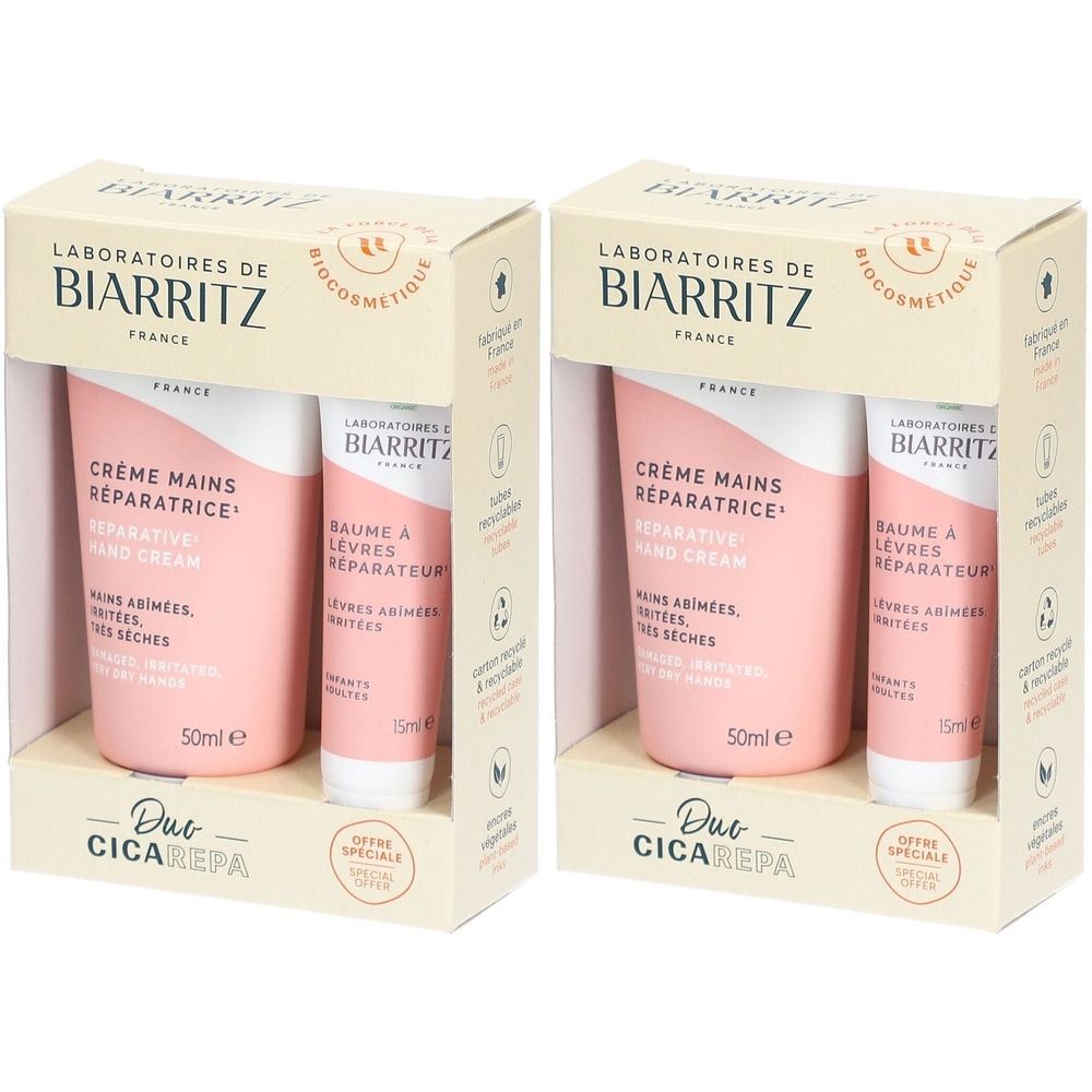 Deux coffrets produits. Crème mains et baume lèvres roses. Inscriptions et informations sur les emballages.