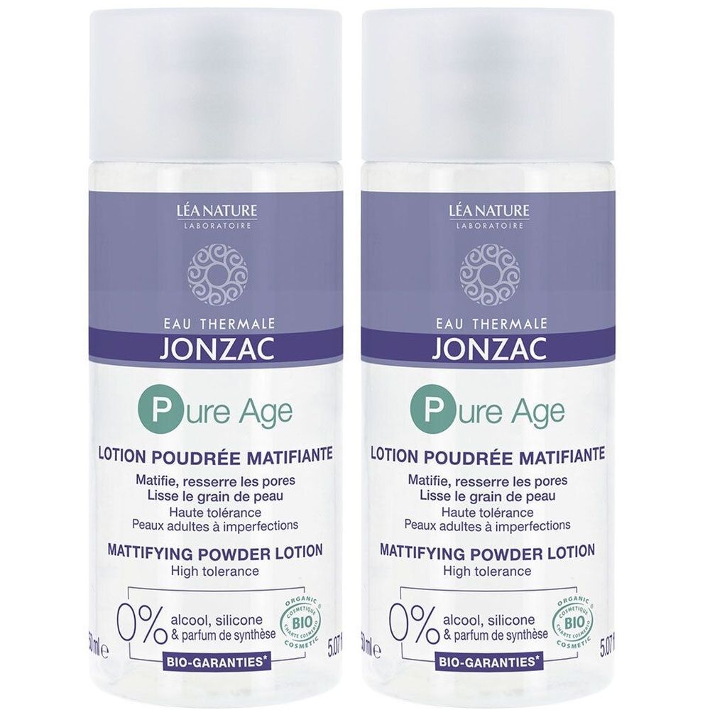 Deux flacons de lotion Jonzac Pure Age. Flacons blancs avec étiquettes violettes. Texte : Jonzac, Pure Age, Lotion Poudrée Matifiante, Bio-Garanties.