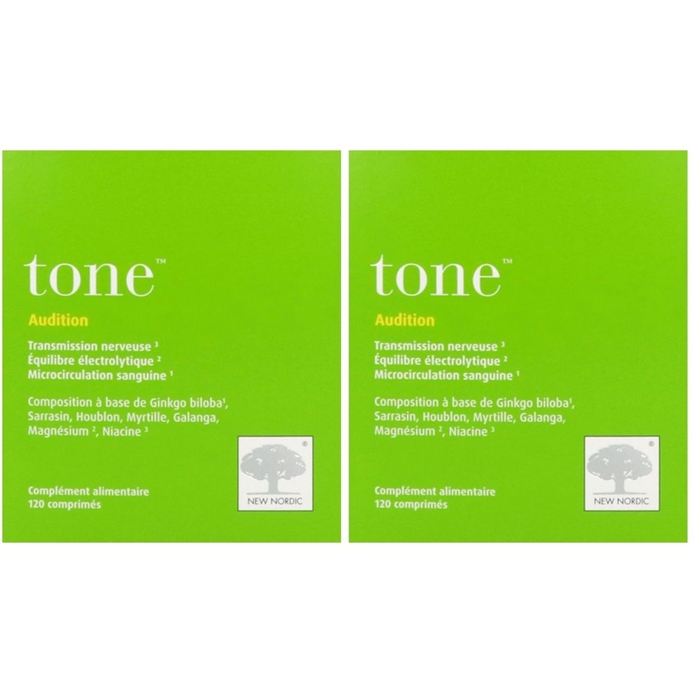 Deux boîtes vertes avec texte blanc. Inscription: tone Audition, ingrédients, 120 comprimés. Logo: New Nordic.