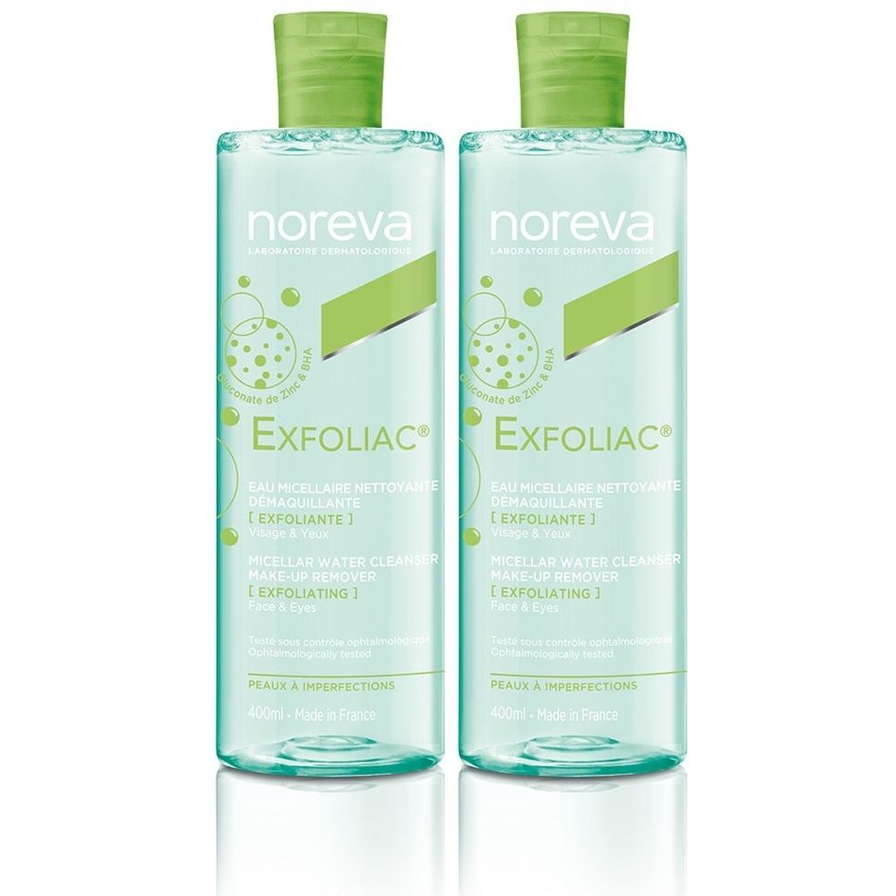 Deux flacons de NOREVA Exfoliac Eau micellaire nettoyante. Liquide clair dans des flacons transparents avec bouchons et étiquettes verts.