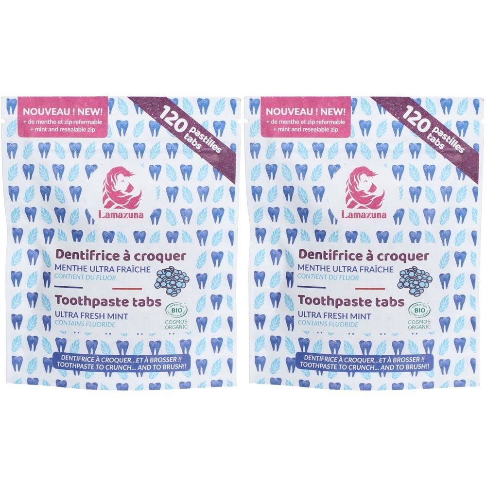 Deux sachets de comprimés de dentifrice. Inscription : Lamazuna, Ultra Fresh Mint, 120 pastilles. Certification bio.