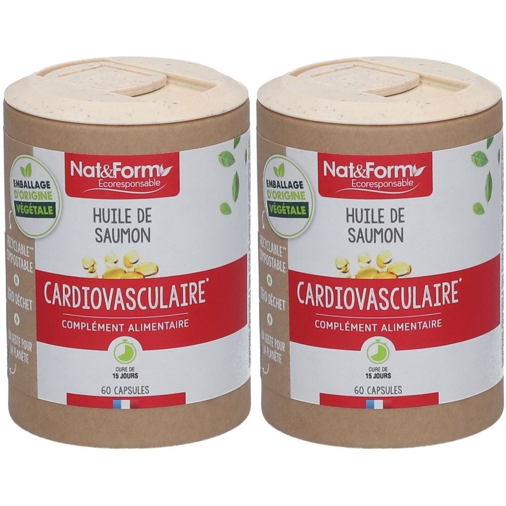 Deux boîtes cylindriques avec couvercles. Inscription: Huile de Saumon, Cardiovasculaire, 60 capsules. Marque: Nat&Form. Emballage d'origine végétale.