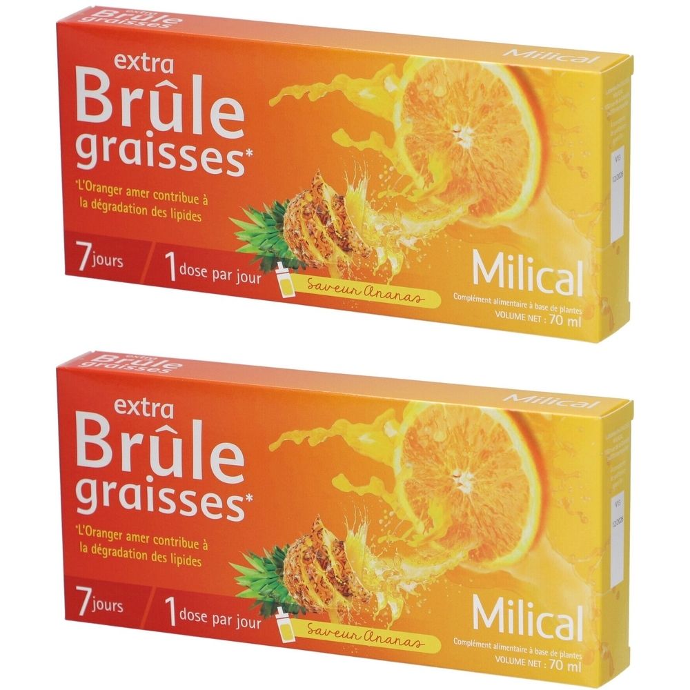 Deux boîtes de "extra Brûle graisses" et "Milical". Design orange avec ananas et orange. Inscription en français. Saveur Ananas.