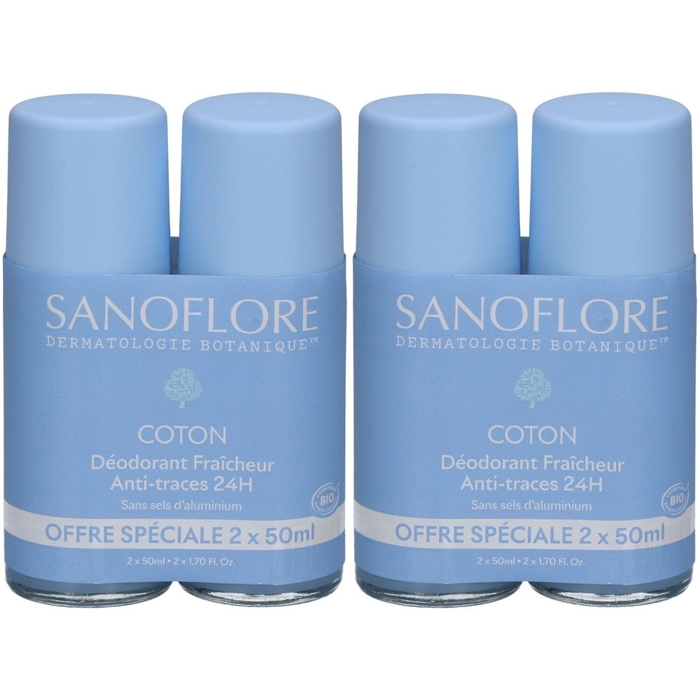Deux déodorants roll-on bleus. Inscription SANOFLORE, COTON, Déodorant Fraicheur, Anti-traces 24H. Offre spéciale : 2 x 50ml.