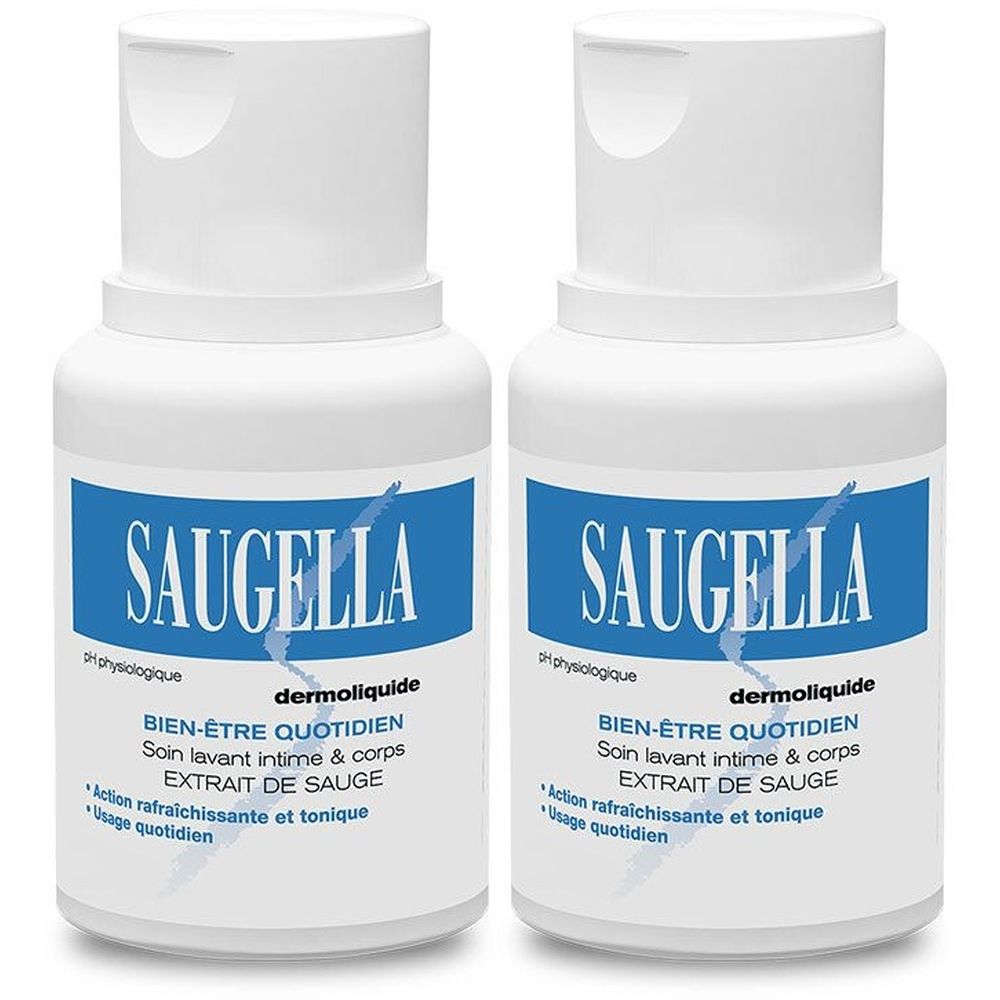 Deux flacons blancs avec étiquette bleue. Inscription: SAUGELLA, dermoliquide, Bien-être quotidien. Soin lavant intime.