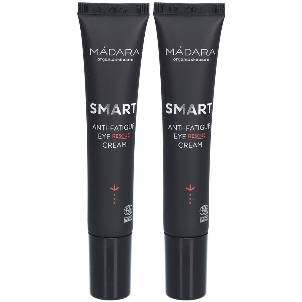 Deux tubes noirs avec texte blanc. Inscription: Mádara, SMART Anti-Fatigue Eye Rescue Cream. Avec label bio.