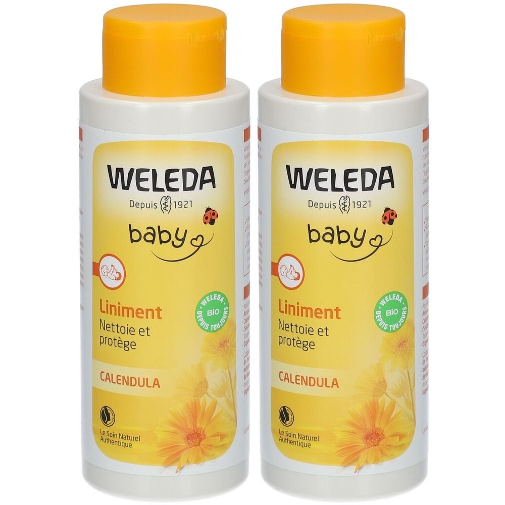 Deux flacons avec bouchons jaunes. Inscription: WELEDA baby Liniment, Calendula. Label bio.