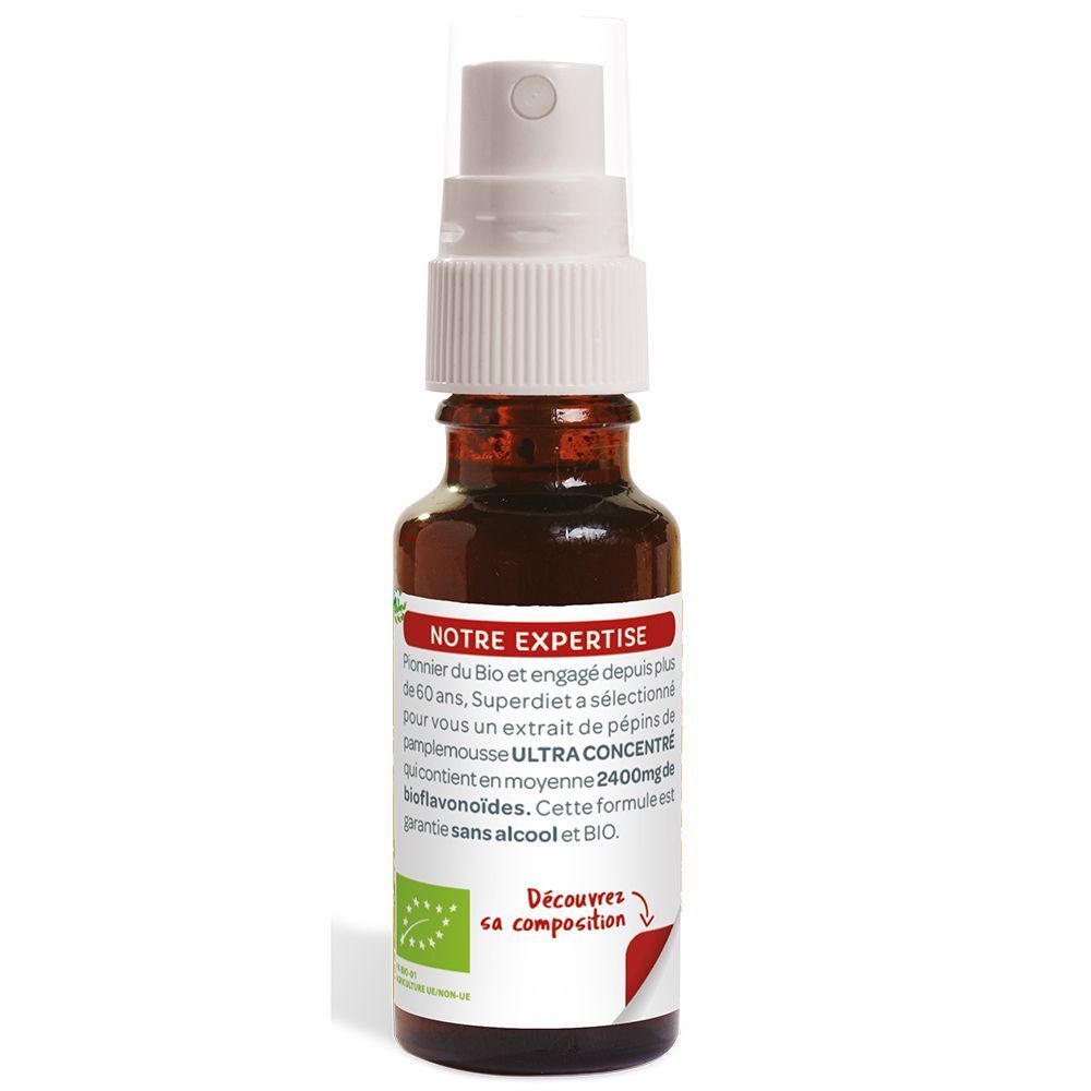 Un flacon pulvérisateur Superdiet Bio-Pépins de Pamplemousse Ultra Concentré, 20 ml, avec label Bio.