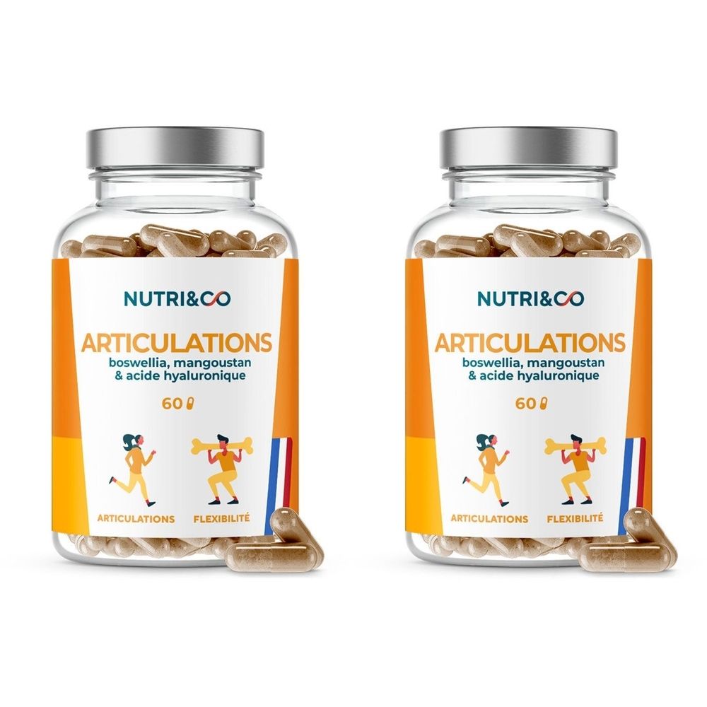 Deux flacons en verre de gélules. Inscription : NUTRI&CO, ARTICULATIONS, boswellia, mangoustan & acide hyaluronique, 60. Illustrations de personnes.