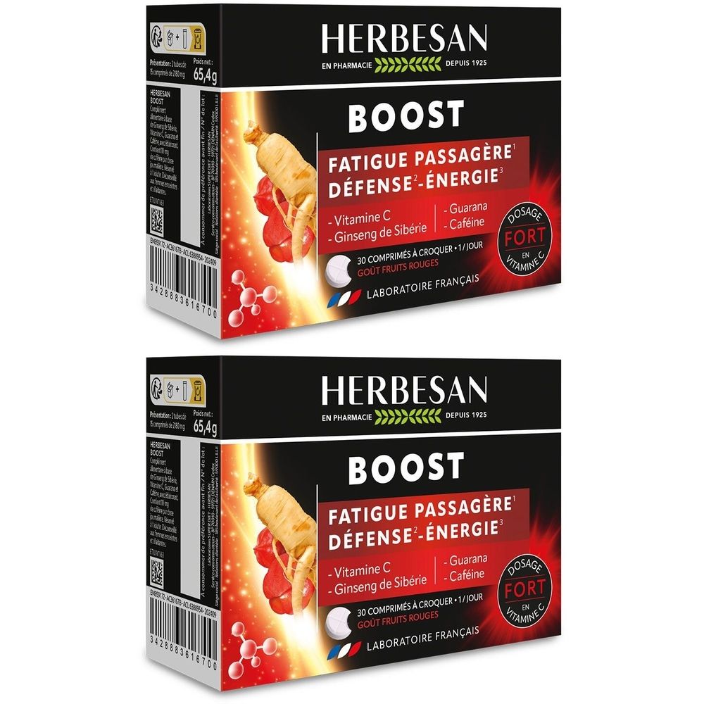 Deux boîtes de Herbesan Boost. Inscription: Fatigue passagère, Défense-Énergie. Contient vitamine C, ginseng, guarana et caféine. Dosage: Fort.
