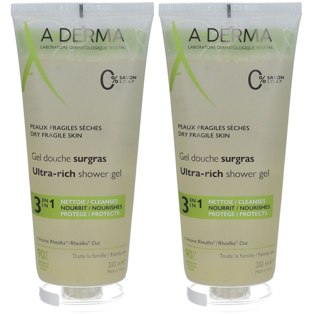 Deux tubes de gel douche. Inscription : A-DERMA, Gel douche surgras, Ultra-rich shower gel. Pour peaux sèches et fragiles. 3 en 1.