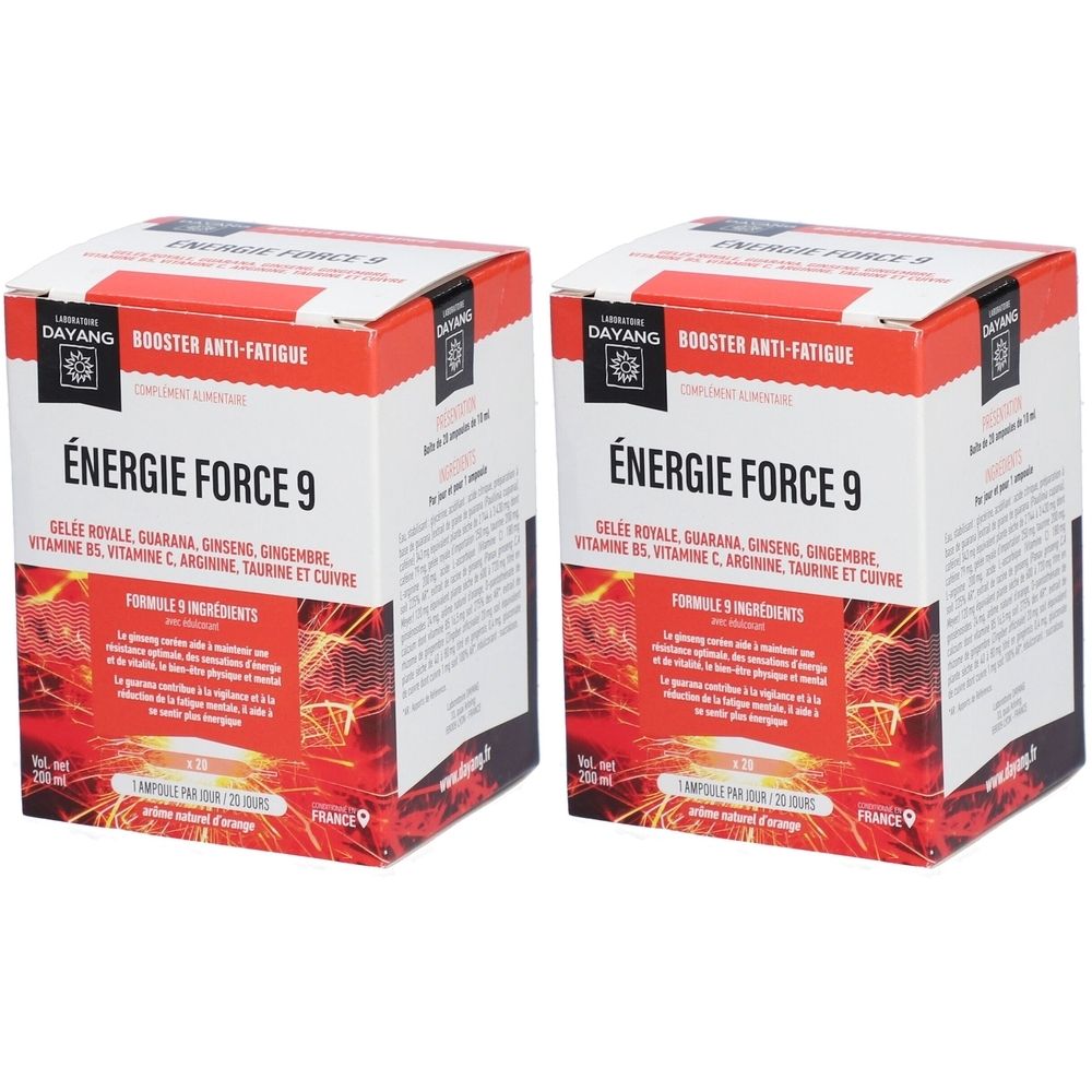 Deux boîtes rectangulaires. Inscription: DAYANG, ÉNERGIE FORCE 9, Booster Anti-Fatigue. Contient Gelée Royale, Guarana, Ginseng, Gingembre, Vitamines.