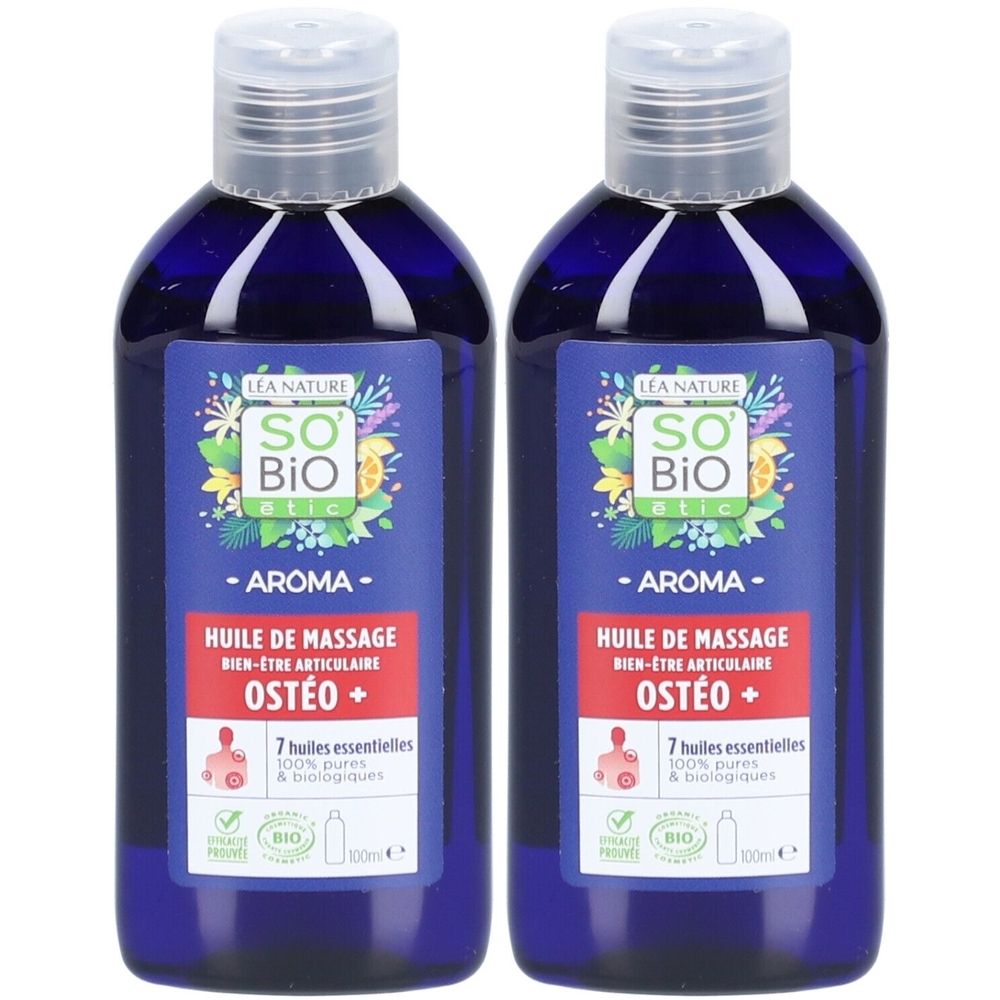 Deux flacons bleus d'huile de massage SO BIO ETIC. Inscription: Huile de Massage Ostéo+. Contient 7 huiles essentielles. Certification bio.